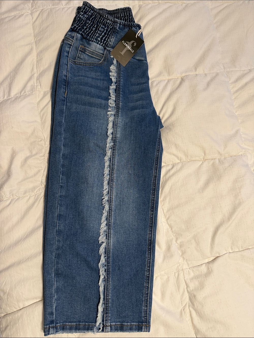 Smocked-Waist Straight-Leg cropped Jeans in Medium Blue with Fringe Trim